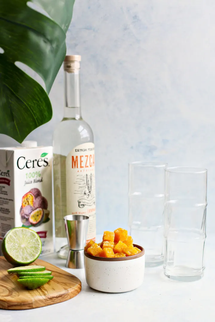 ingredients in a passion fruit mezcalita (a margarita made with mezcal)