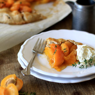 photo of a slice of apricot galette on a white plate