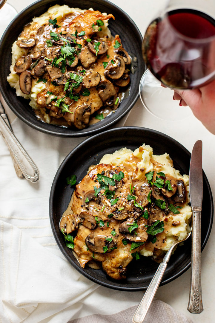 photo showing a red wine and chicken marsala wine pairing