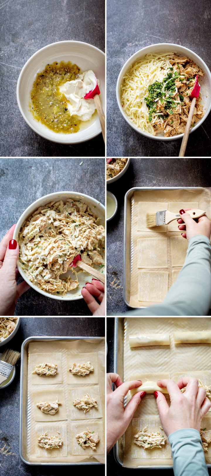 step by step photos in a collage showing how to make a baked chicken taquitos recipe