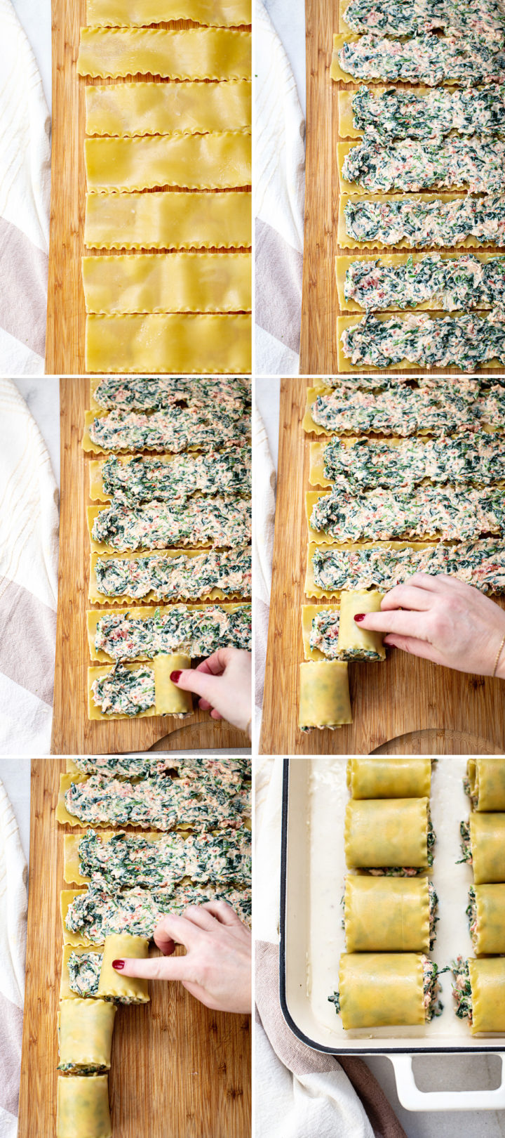 step by step photos showing how to assemble roll up spinach lasagna
