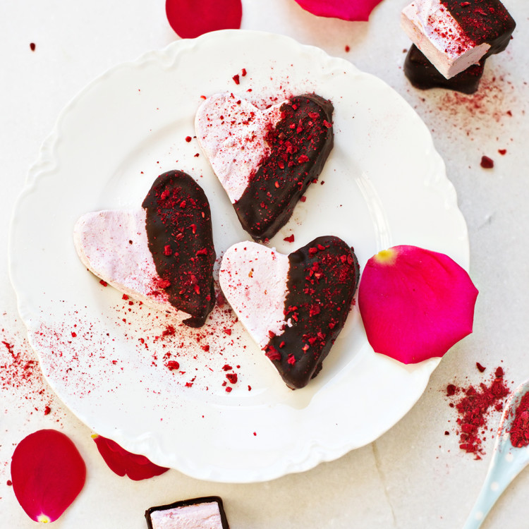 raspberry marshmallows on a white plate