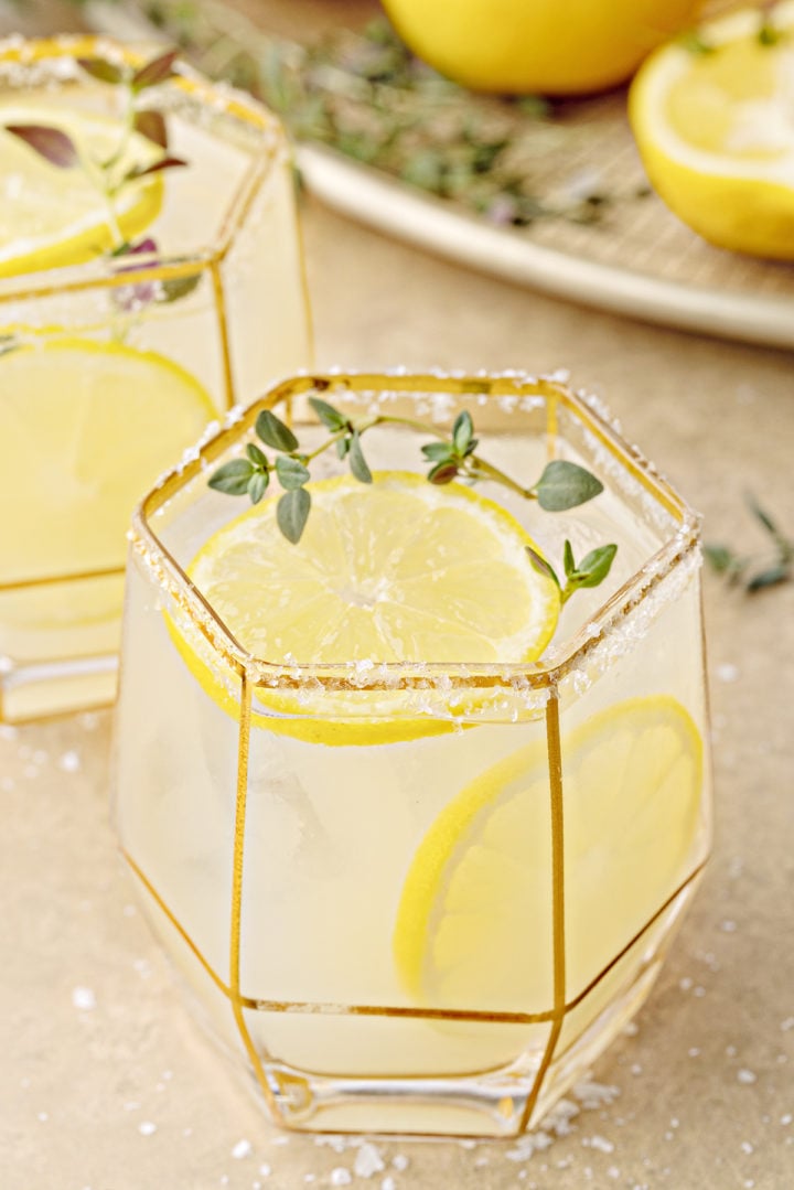 close up photo of a glass of lemon margarita with slices of fresh lemon