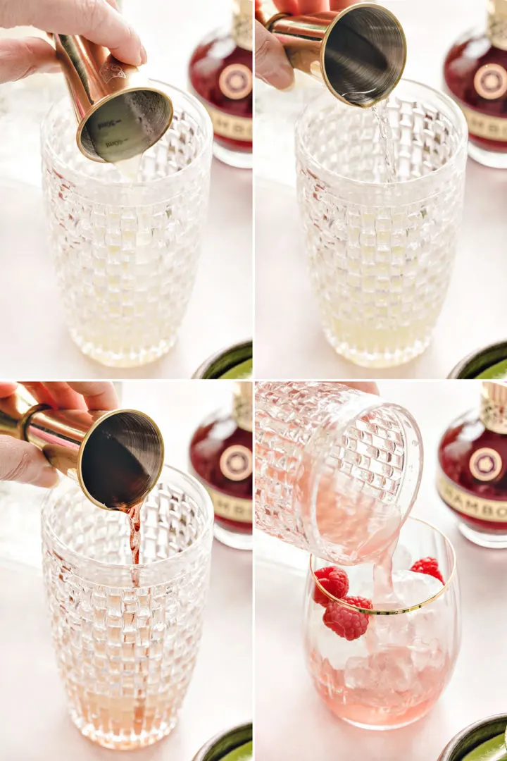 step by step instructions showing how to make a floradora cocktail