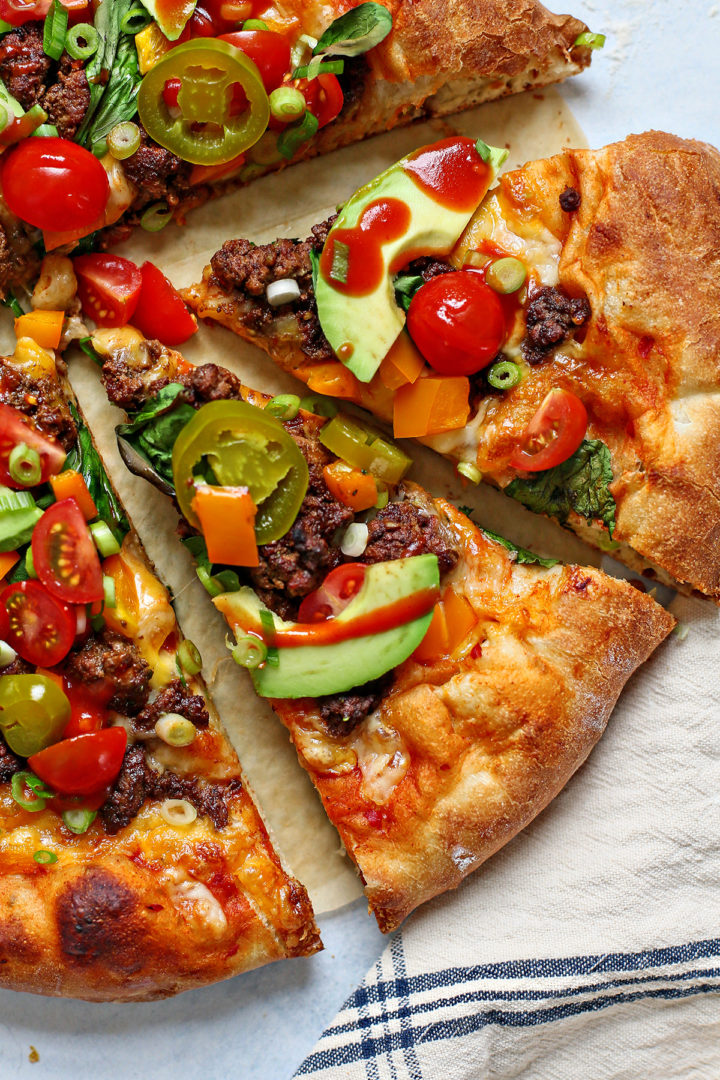 overhead photo of slices of taco pizza