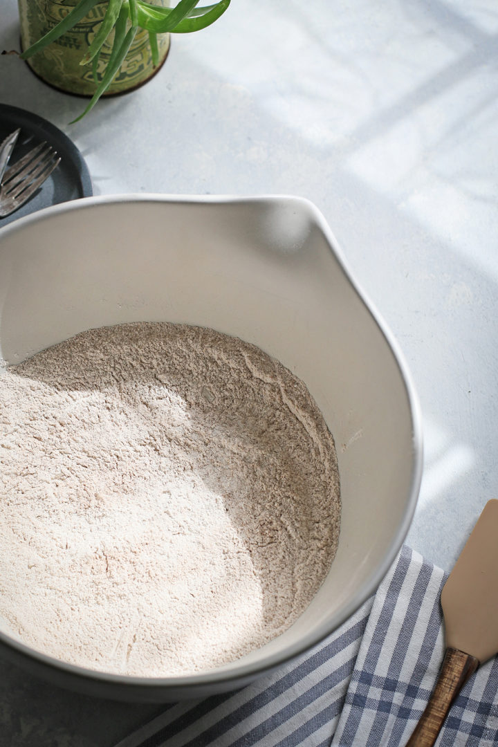 preparing the dry ingredients for this carrot cake pancakes recipe