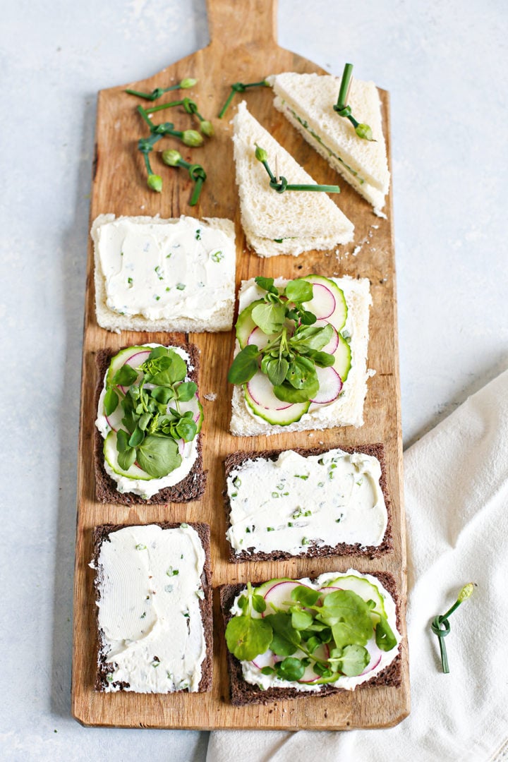 assembling watercress sandwiches