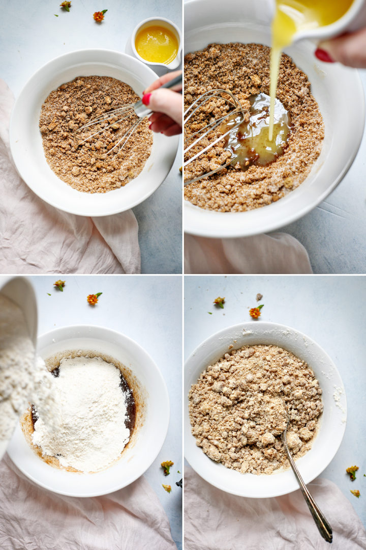step by step photos showing how to make a crumb topping for coffee cake