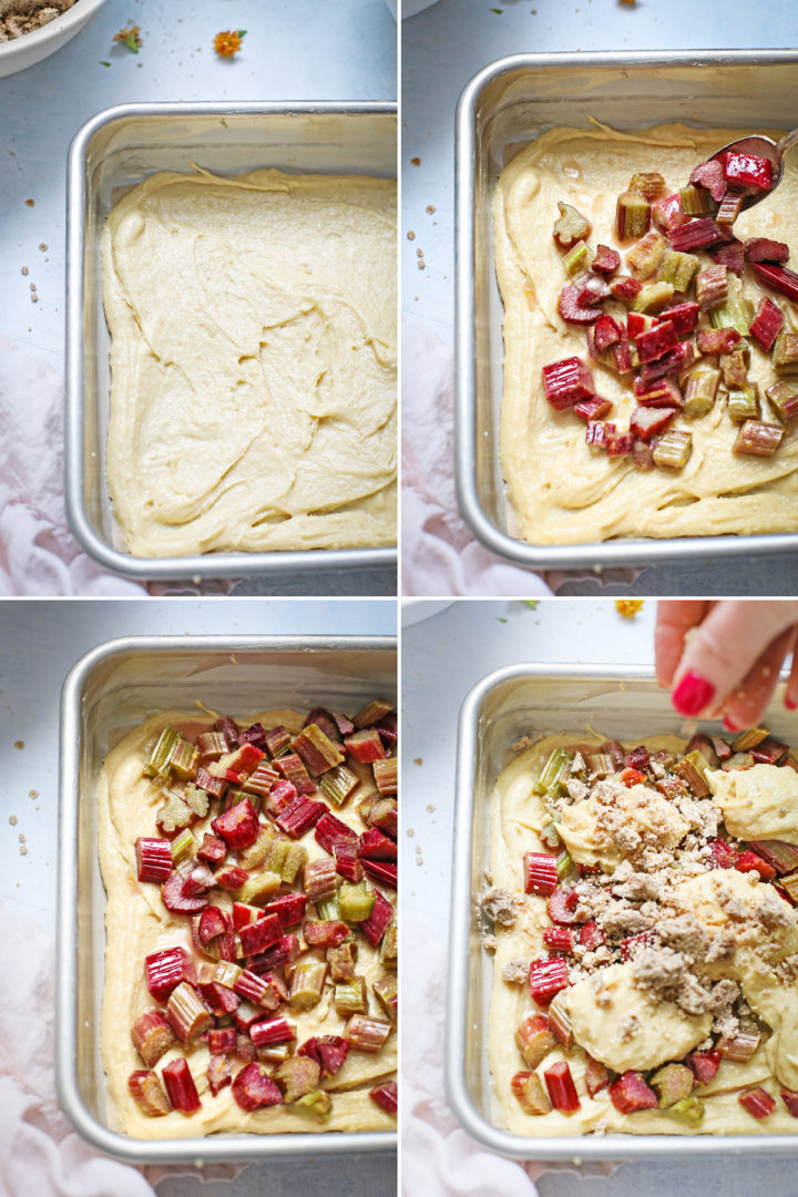 step by step photos showing how to make a rhubarb coffee cake