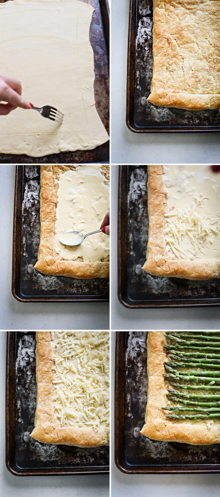 step by step photos showing how to make an asparagus tart with puff pastry