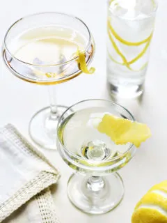 a photo showing different types of lemon garnishes - lemon twist, lemon swath, horse's neck