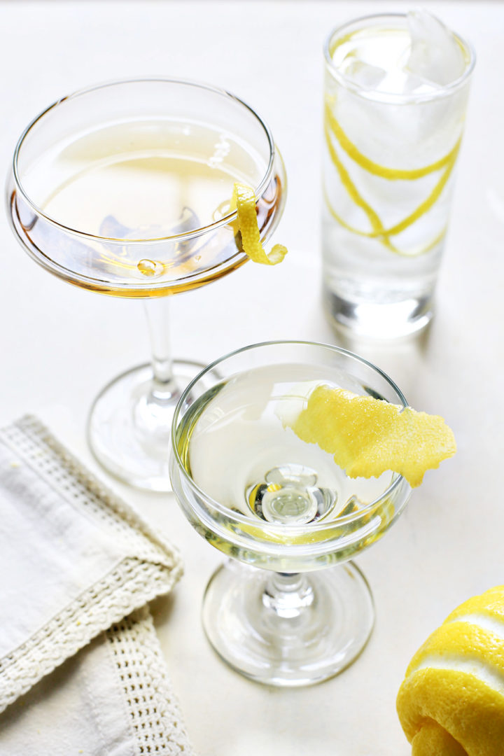 photo of 3 cocktail glasses showing different ways to garnish with lemon: horse's neck, lemon twist, lemon swath