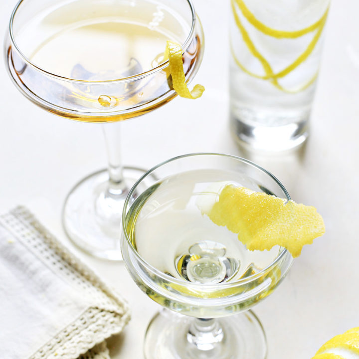 a photo showing different types of lemon garnishes - lemon twist, lemon swath, horse's neck