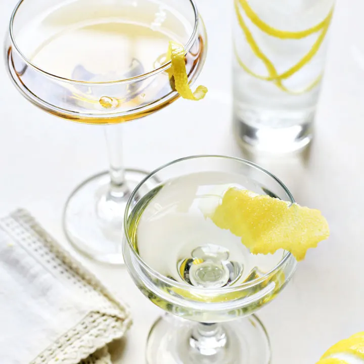 a photo showing different types of lemon garnishes - lemon twist, lemon swath, horse's neck