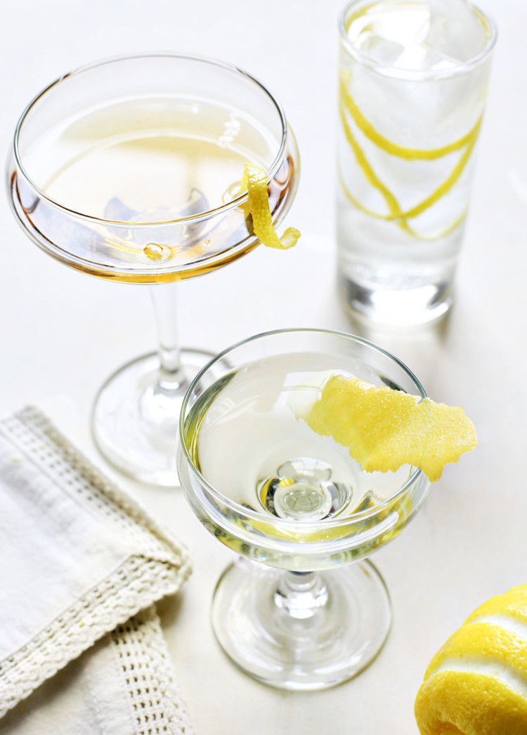 a photo showing different types of lemon garnishes - lemon twist, lemon swath, horse's neck