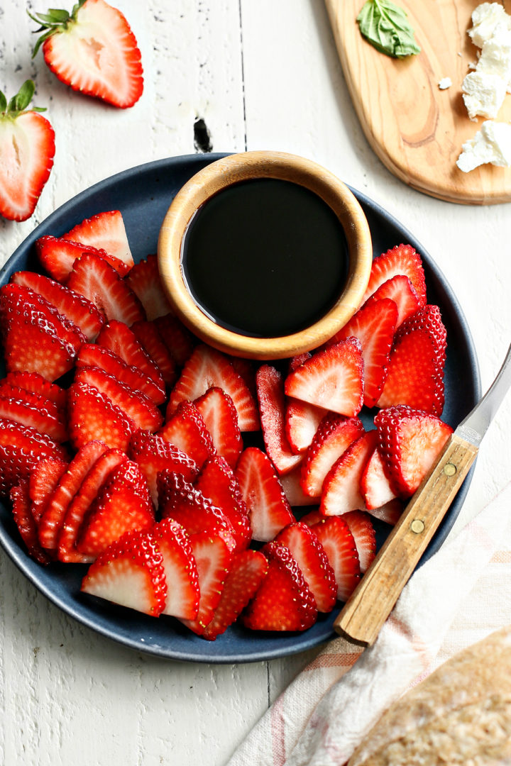 sliced strawberries and balsamic vinegar for use in this strawberry bruschetta recipe