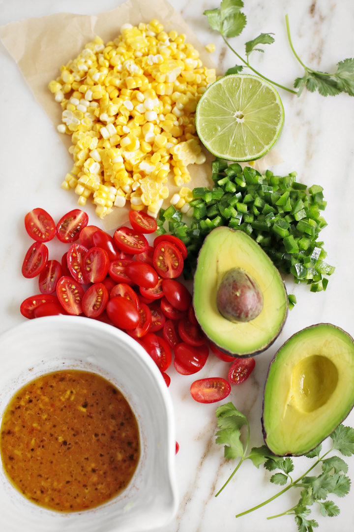 ingredients needed to make Avocado Corn Salad with tomatoes