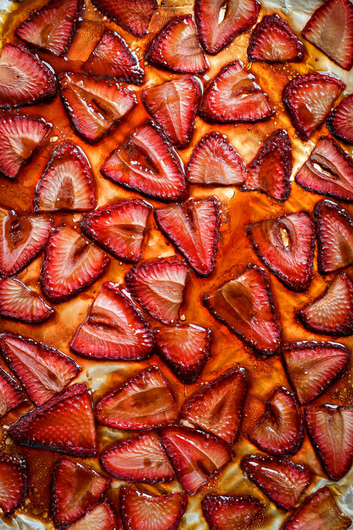 roasted balsamic strawberries for strawberry bruschetta appetizer