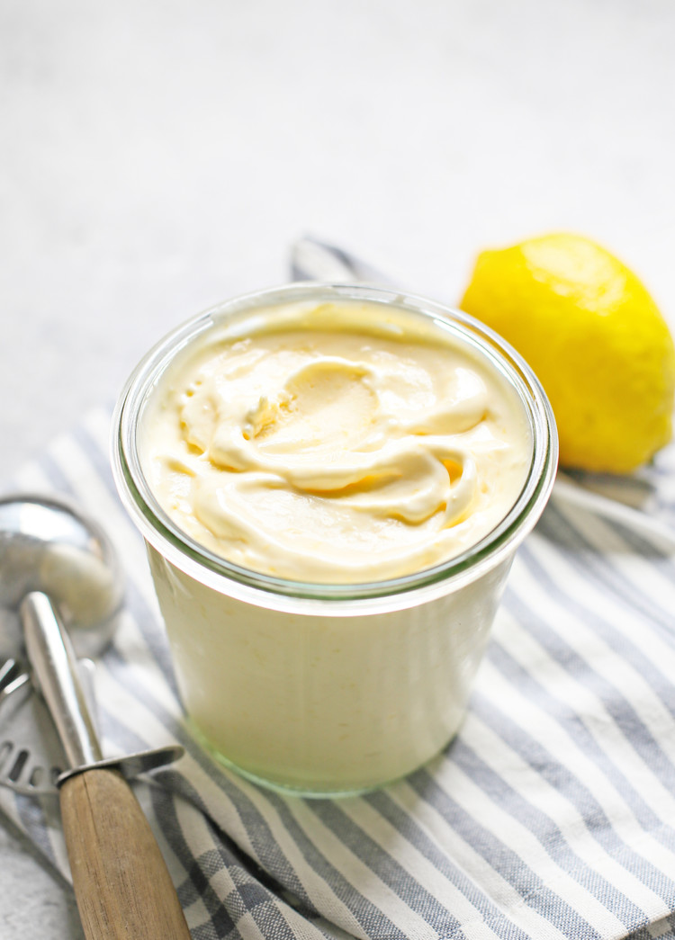 a glass jar of homemade lemon ice cream