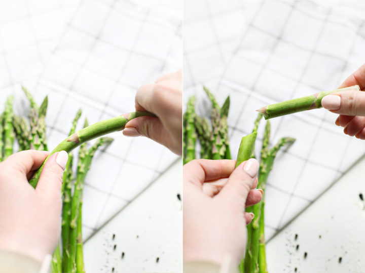 woman snapping stems of fresh asparagus to make an asparagus salad