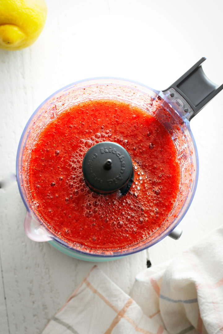 strawberry puree in a food processor to make strawberry topping with