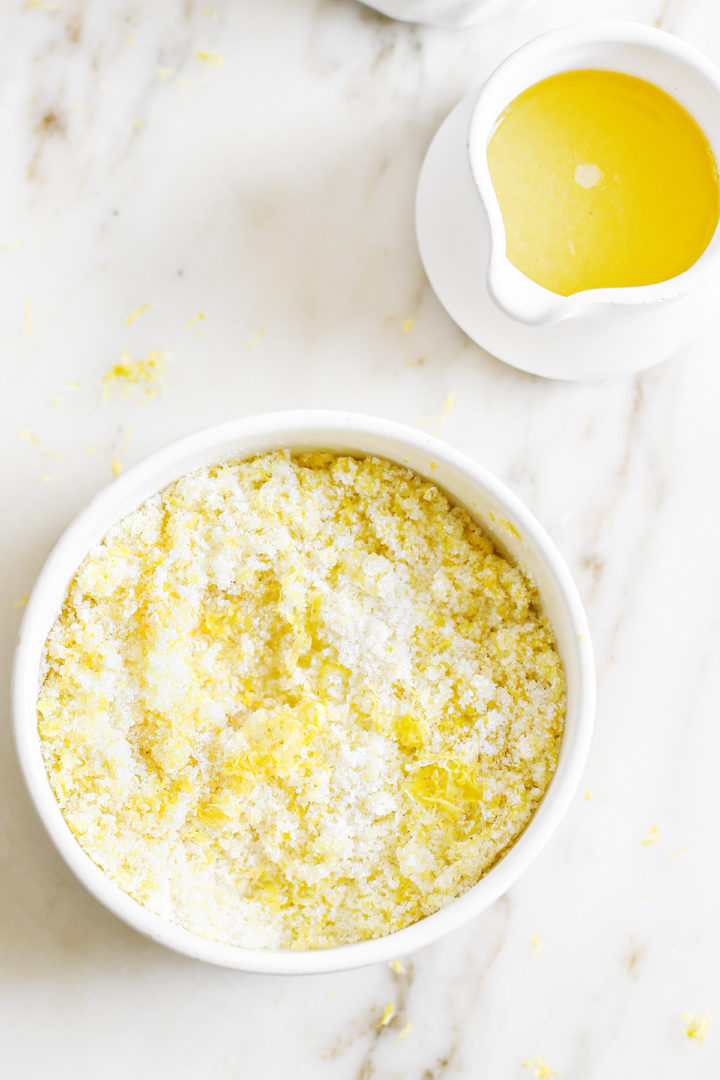 preparing the lemon sugar to make a recipe for lemon ice cream