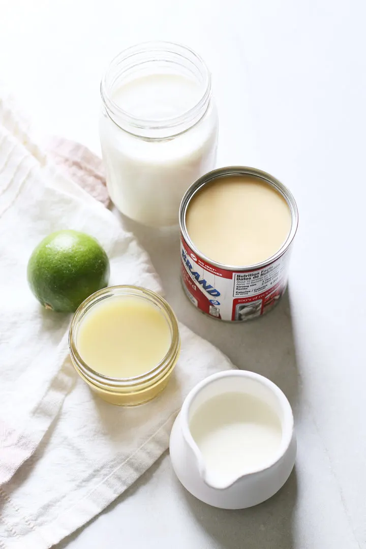ingredients needed to make key lime ice cream pictured on a light grey background