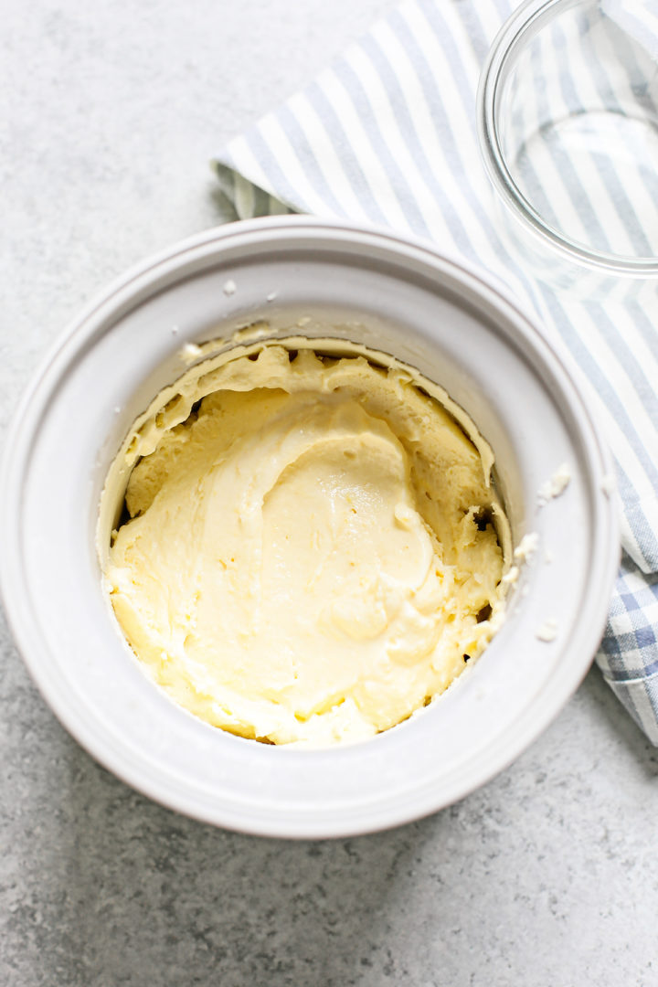 lemon ice cream churning in an ice cream maker