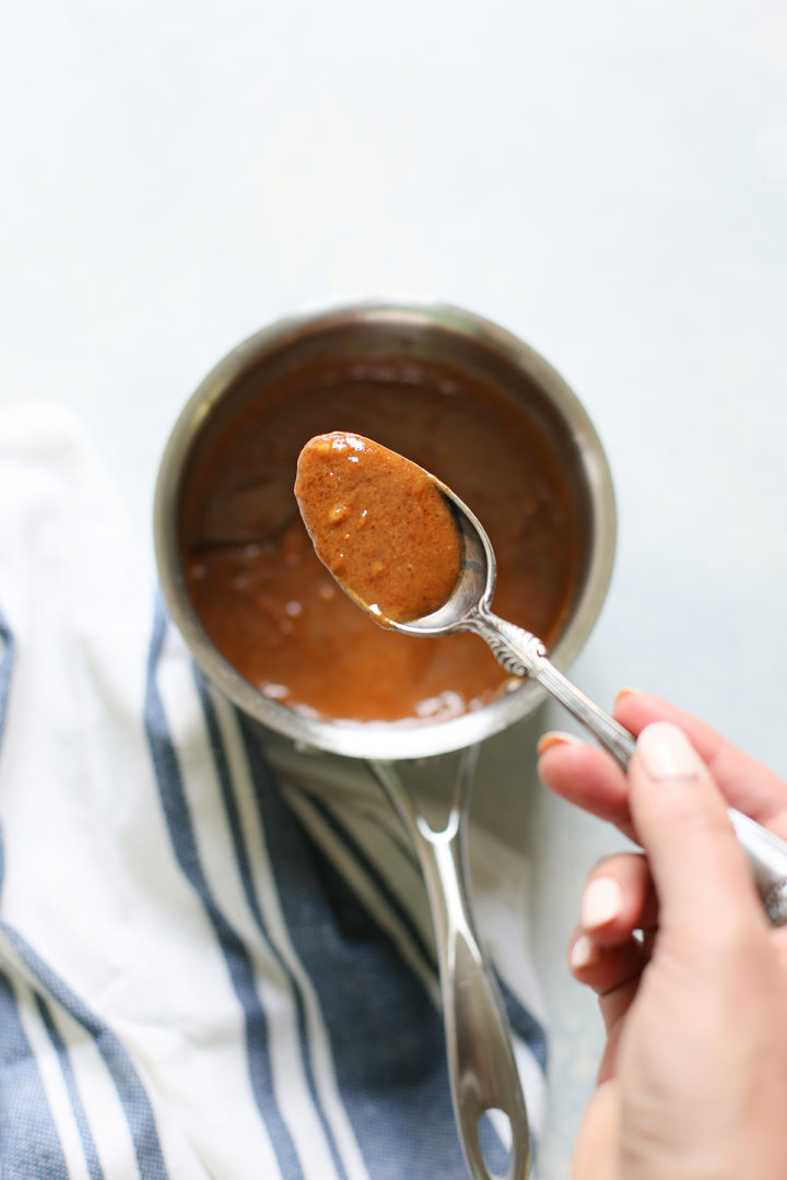 homemade dipping sauce in a saucepan for Vietnamese Spring Rolls