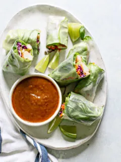 white platter with Vietnamese Spring Rolls and a bowl of peanut dipping sauce