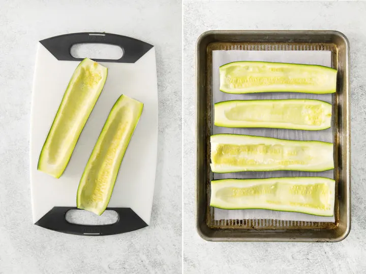 step by step images showing how to freeze zucchini halves