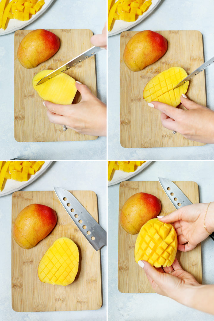 step by step photos showing how to cut a mango hedgehog 
