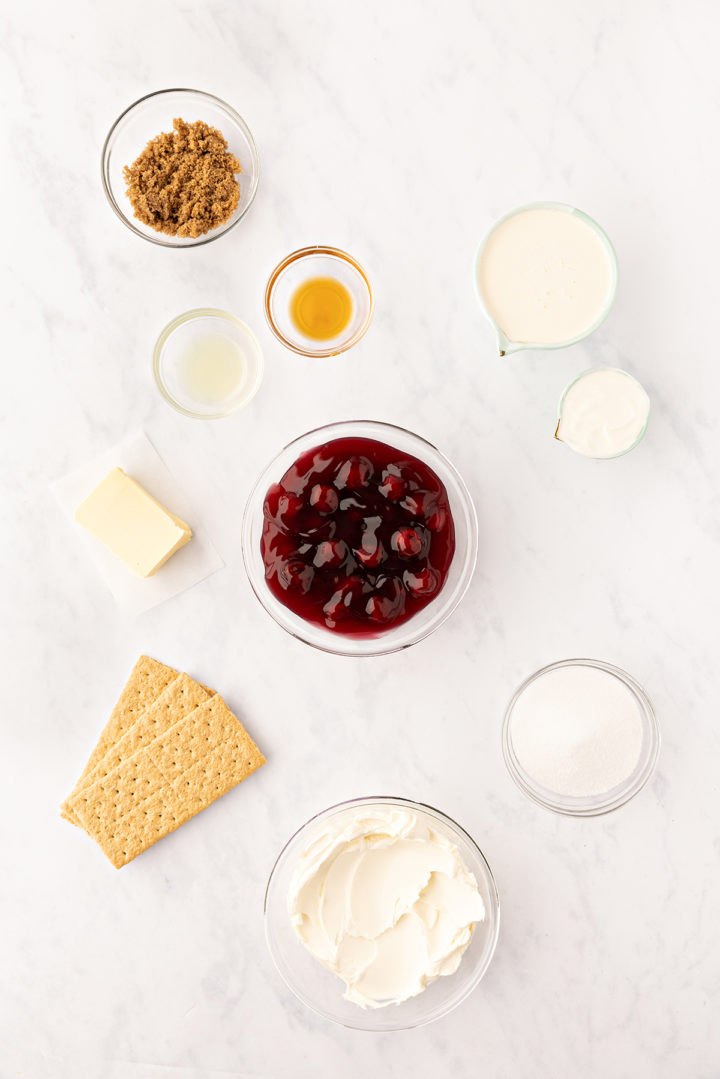 overhead photo of cherry cheesecake bars ingredients for the recipe