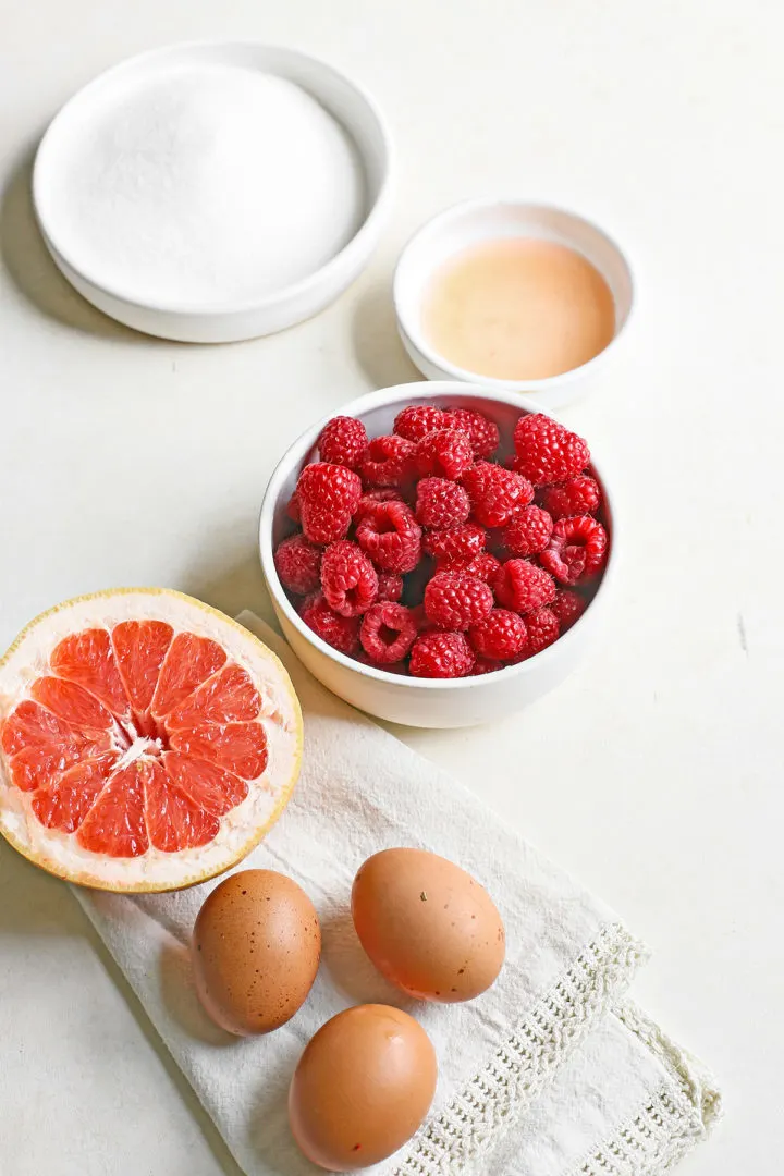 fresh raspberries, grapefruit juice, sugar, and eggs to make a raspberry curd recipe