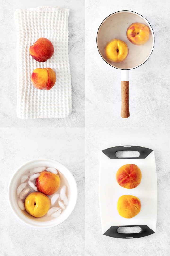 step by step photos showing how to blanch peaches for freezing