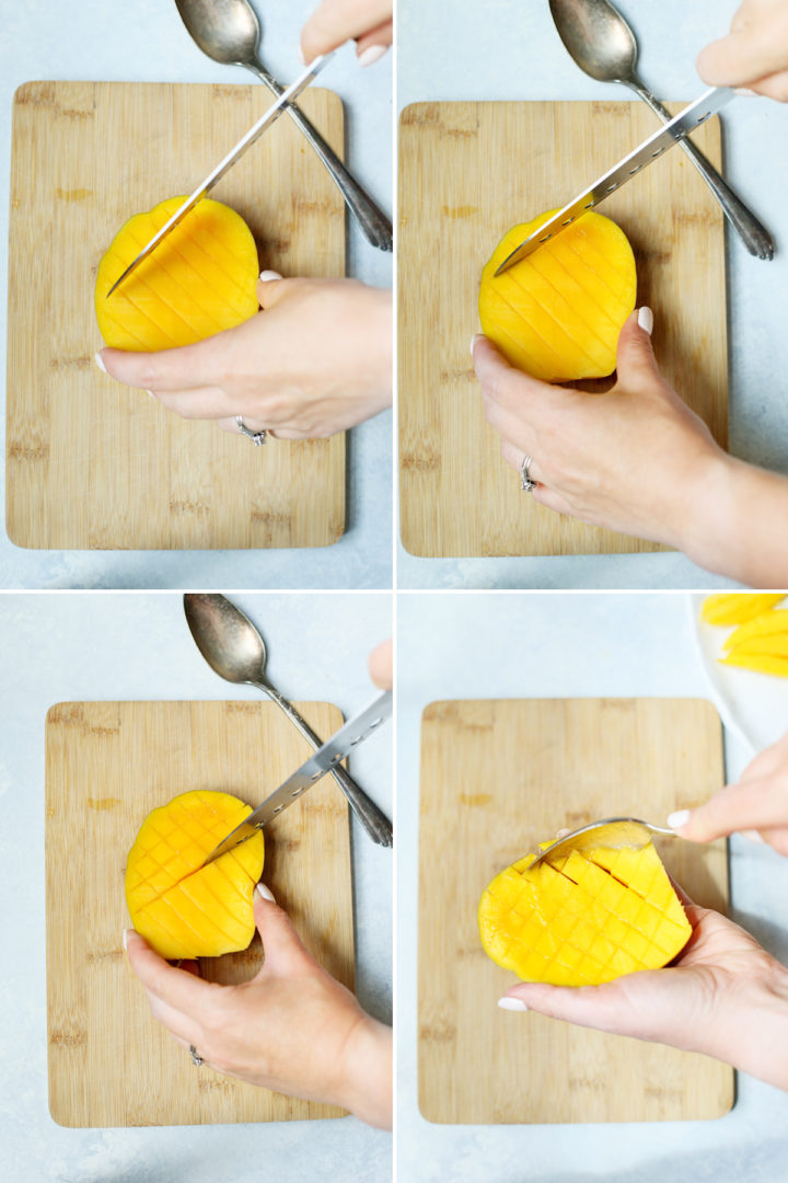 step by step photos showing how to cut a mango in cubes