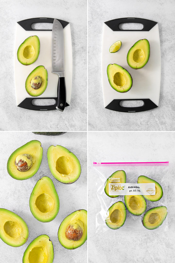 step by step photos showing how to freeze avocado halves