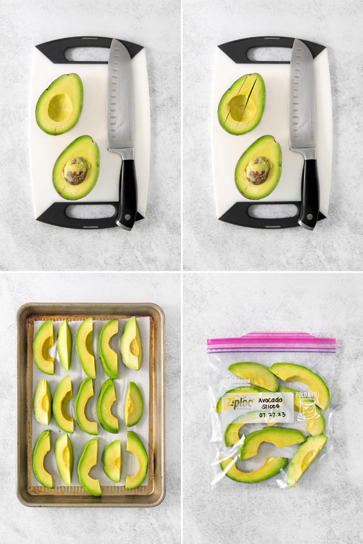 step by step photos showing how to freeze avocado slices