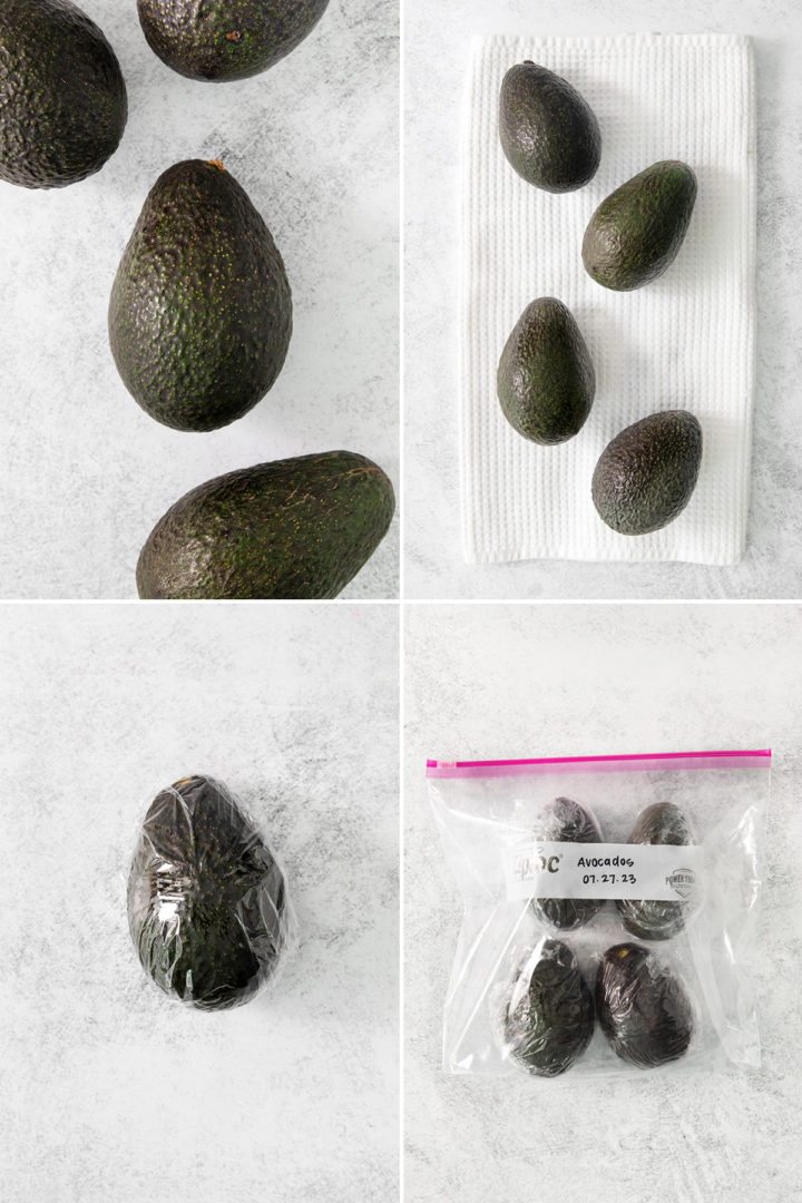 step by step photos showing how to freeze whole avocados