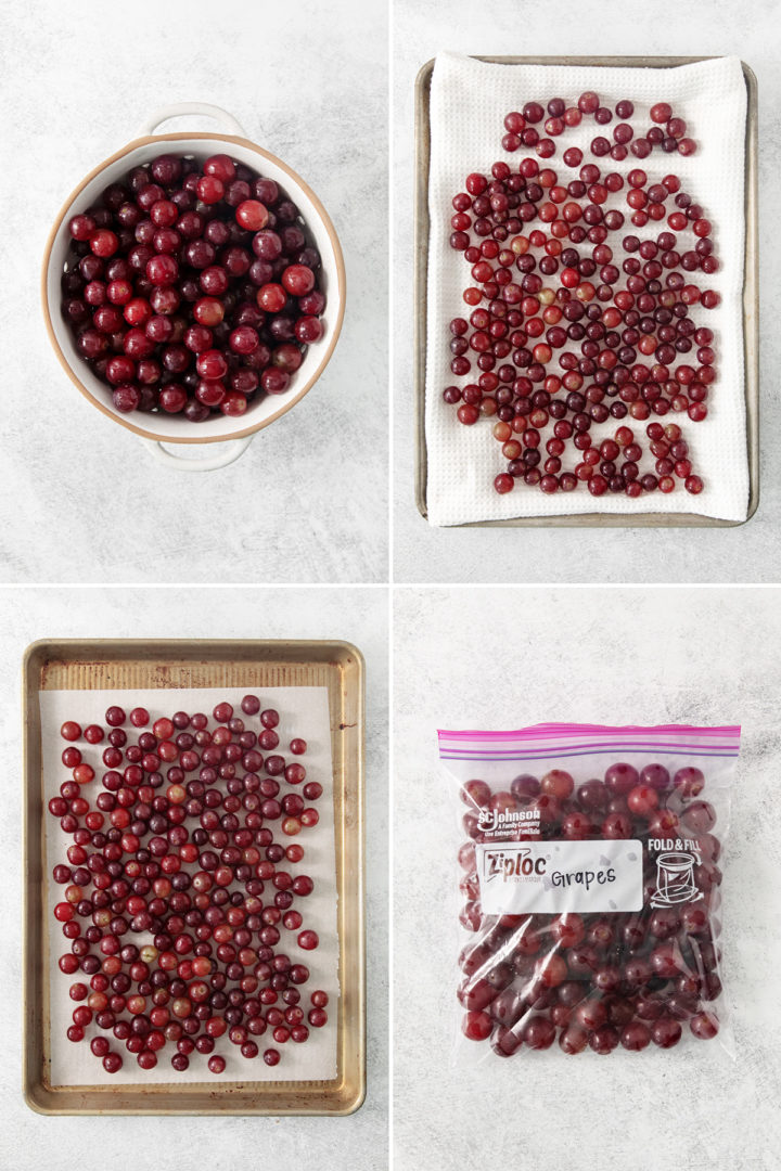 A four-step photo collage showing the freezing process: washed grapes in a white colander, grapes drying on a towel-lined baking sheet, grapes spread on a parchment-lined baking sheet, and grapes packed into a labeled freezer bag.
