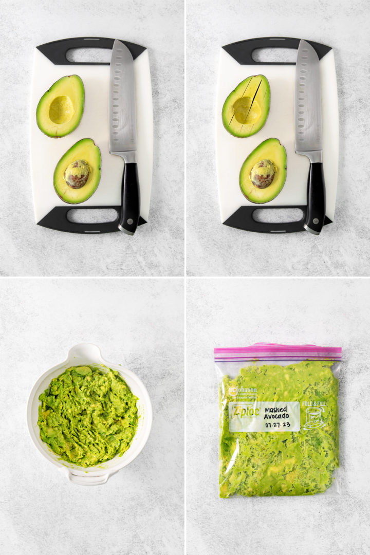 step by step photos showing how to freeze mashed avocados