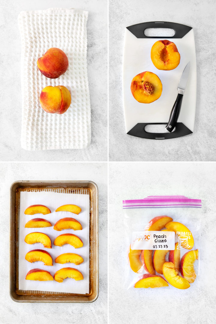 step by step photos showing how to freeze peaches without blanching