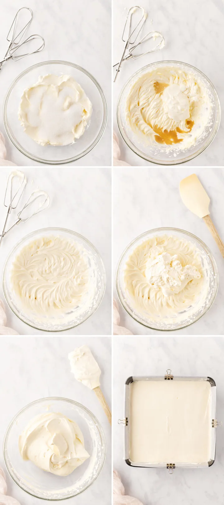 step by step photos showing how to make cheesecake filling for cheesecake bars