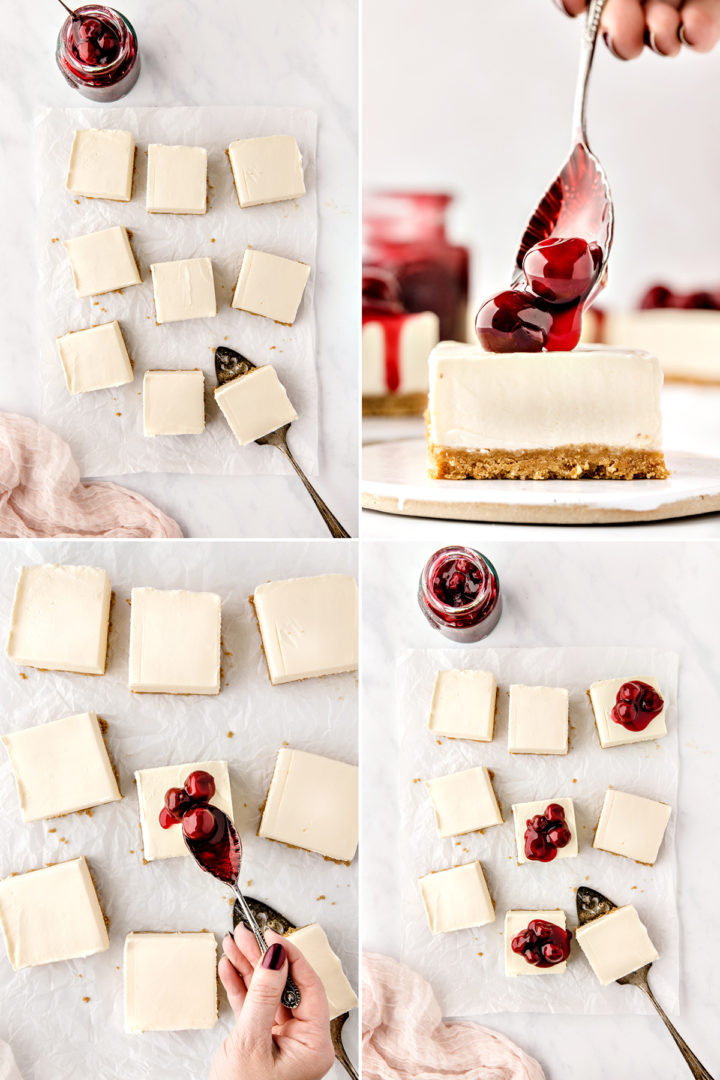 step by step photos showing how to cut no bake cheesecake bars and how to add cherry topping on each square