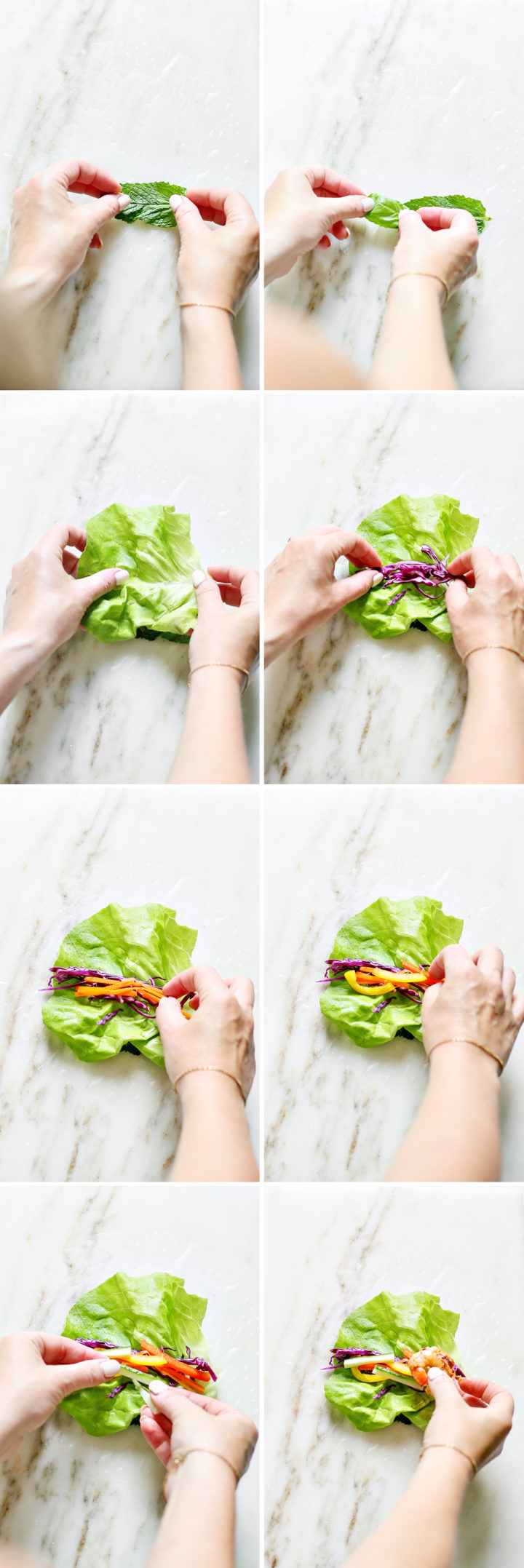 woman demonstrating step by step how to assemble Vietnamese Spring Rolls 