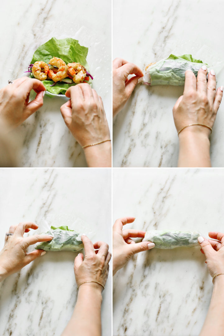 woman demonstrating step by step how to roll a rice paper wrapper for making Vietnamese Spring Rolls