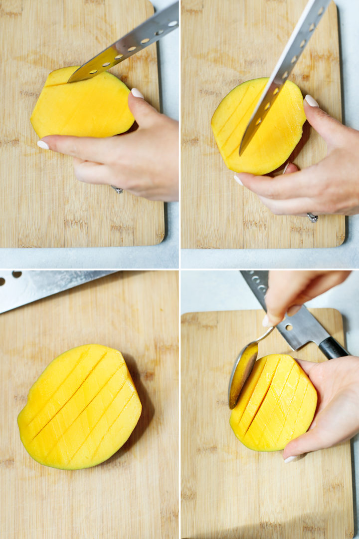 step by step photos showing how to cut a mango in slices