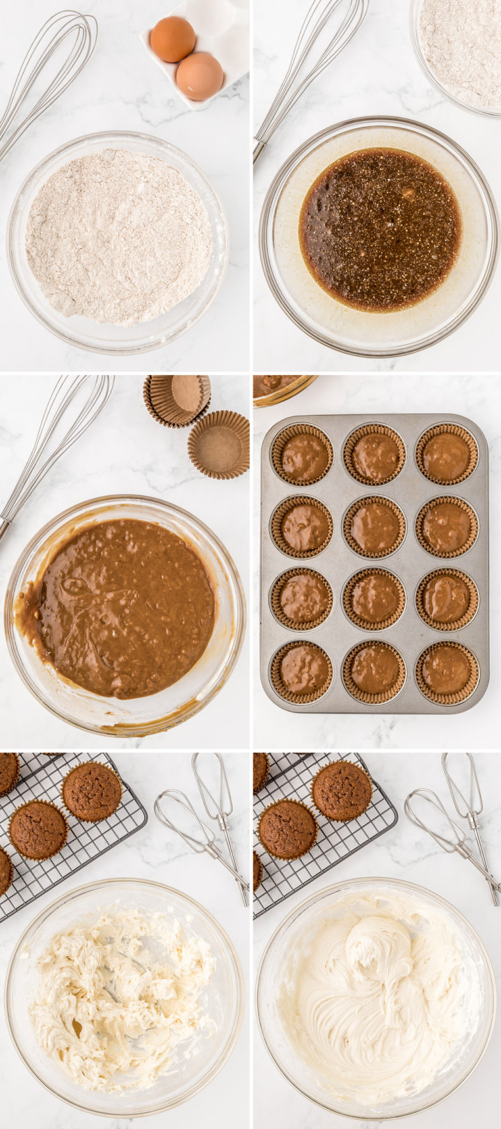 step by step photo collage showing how to make this easy christmas cupcake recipe (gingerbread cupcakes)
