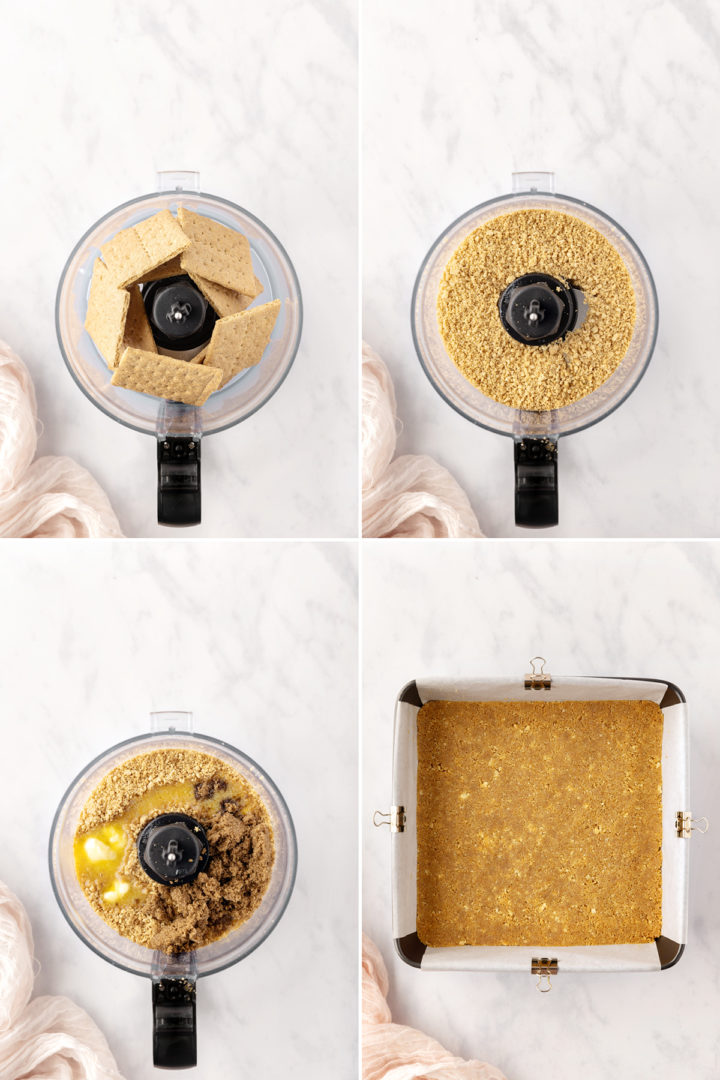 step by step photos of how to make a graham cracker crust for no bake cheesecake bars