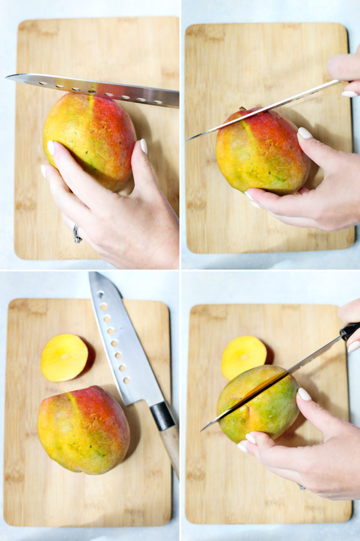 step by step photos showing how to prepare a mango for cutting